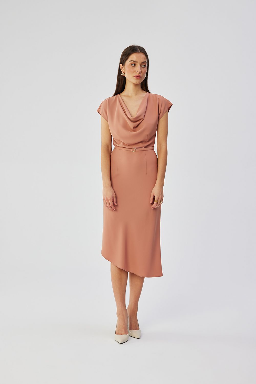 Stylove Asymmetrical Midi Cocktail Dress with Water Neckline and Elegant Belt - Made in Poland