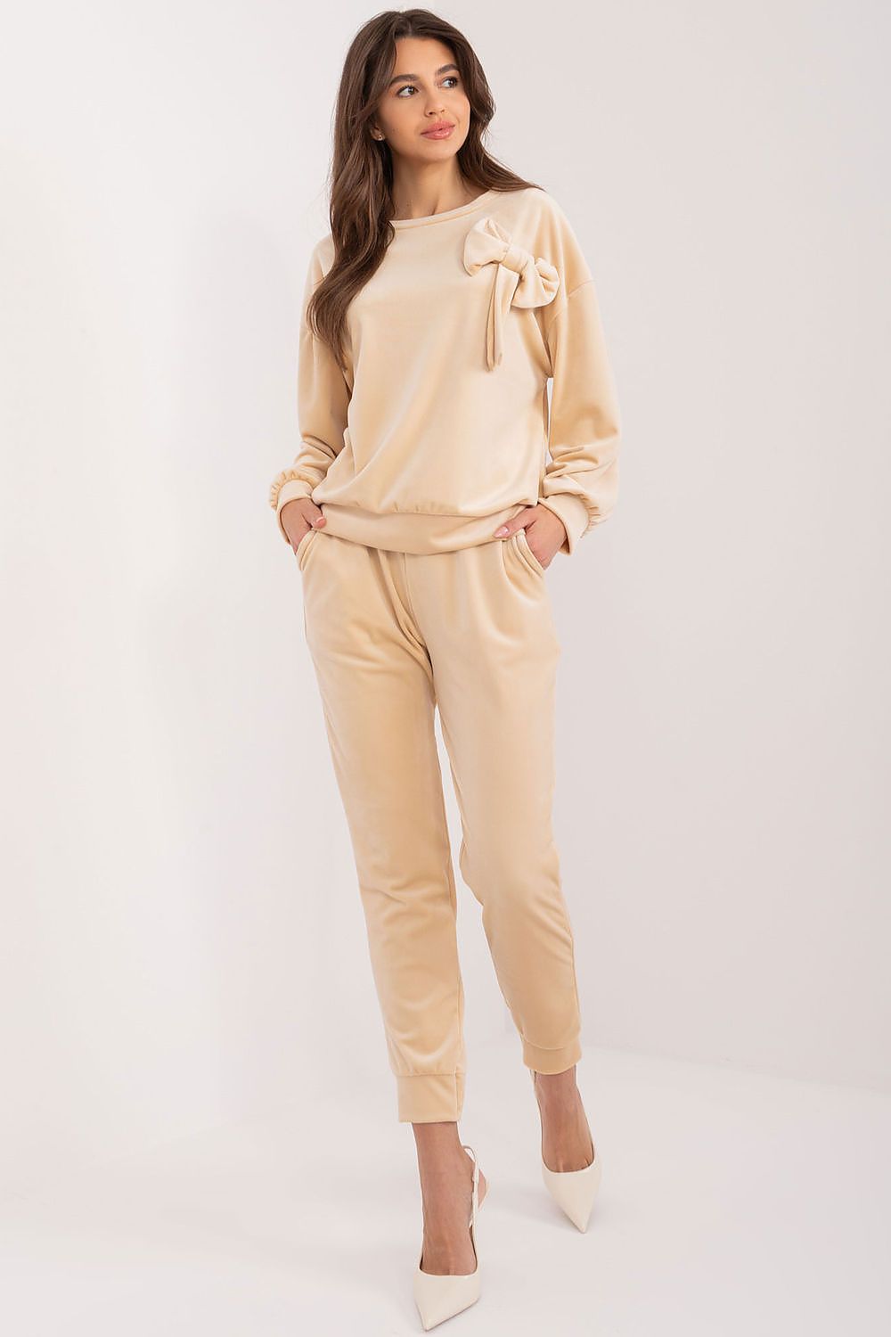 Luxury Velour 2-Piece Set: Adjustable Waist Tie Sweatshirt & High Waist Pants by Italy Moda