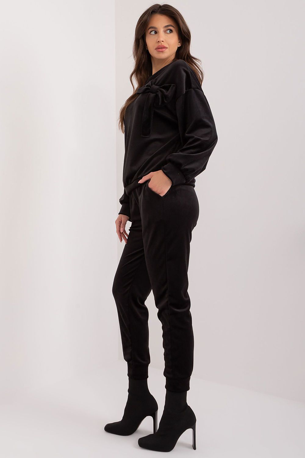 Luxury Velour 2-Piece Set: Adjustable Waist Tie Sweatshirt & High Waist Pants by Italy Moda