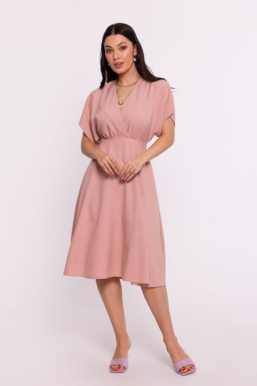 Elegant BeWear Daydress with Envelope Neckline and Batwing Sleeves, 100% Polyester, Polish Craftsmanship