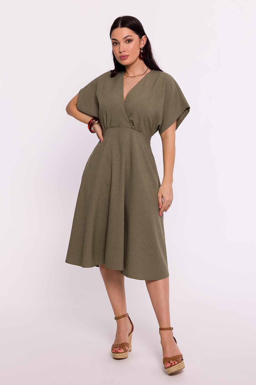 Elegant BeWear Daydress with Envelope Neckline and Batwing Sleeves, 100% Polyester, Polish Craftsmanship