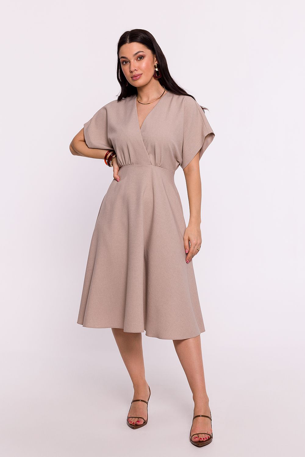 Elegant BeWear Daydress with Envelope Neckline and Batwing Sleeves, 100% Polyester, Polish Craftsmanship