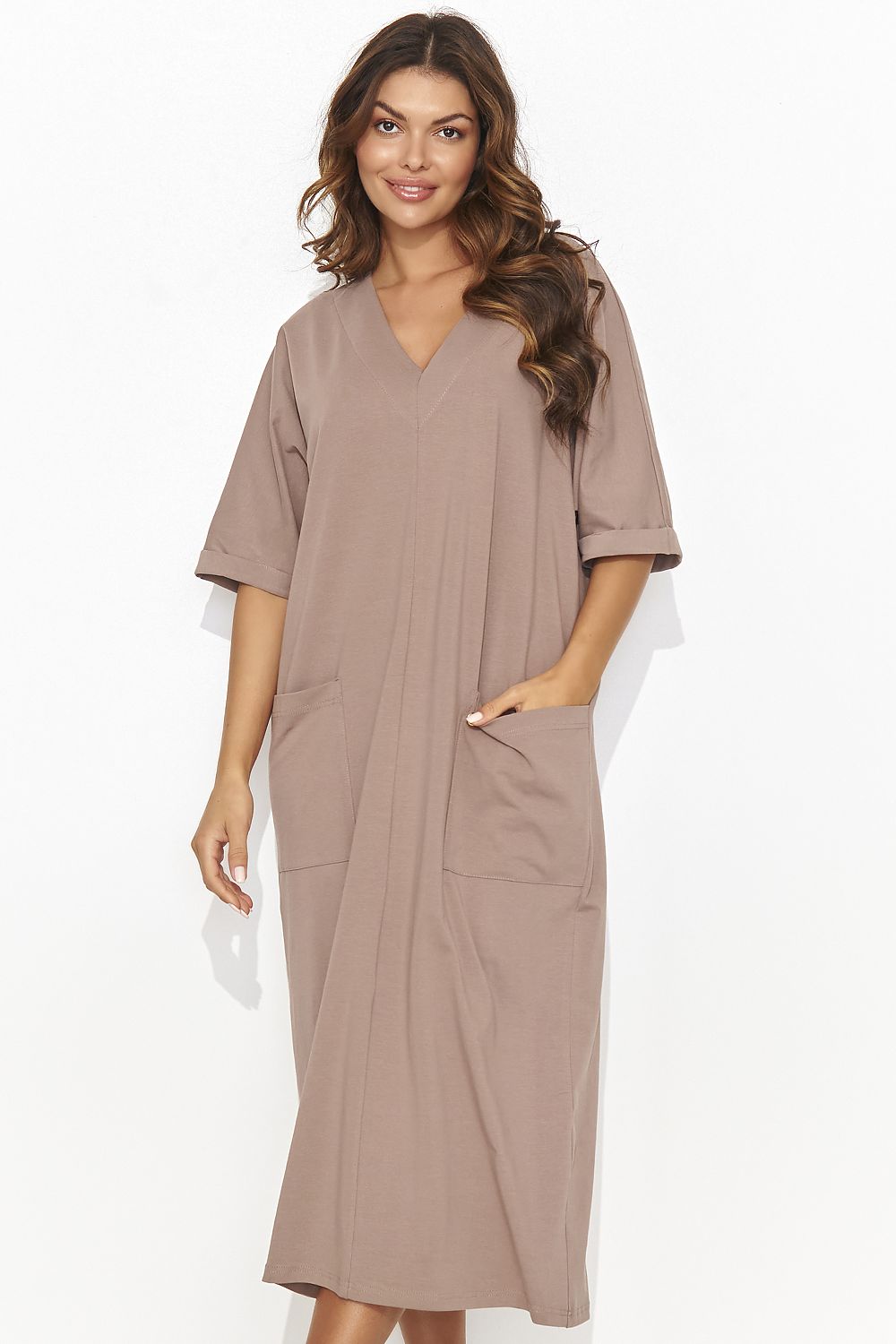 Elegant Casual Daydress Numinou - Short Sleeve Heart Neckline with Pockets, Cotton-Spandex Blend