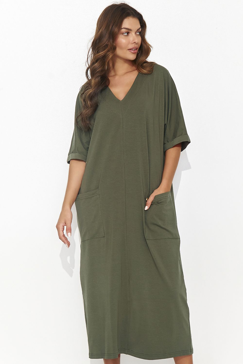 Elegant Casual Daydress Numinou - Short Sleeve Heart Neckline with Pockets, Cotton-Spandex Blend