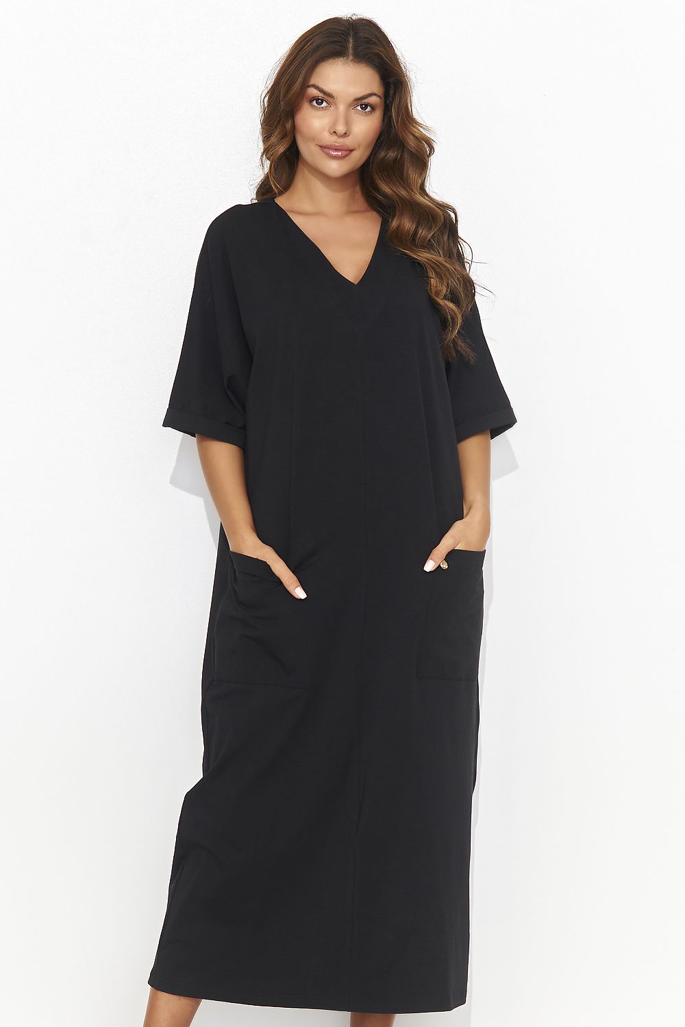 Elegant Casual Daydress Numinou - Short Sleeve Heart Neckline with Pockets, Cotton-Spandex Blend