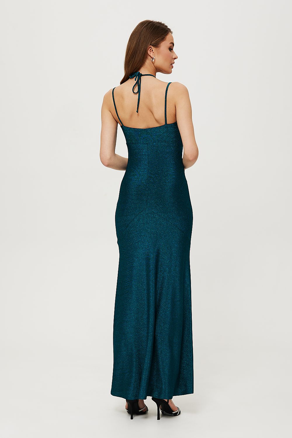 Elegant Maxi Dress with Metallic Threads and Customizable Neckline by Makover