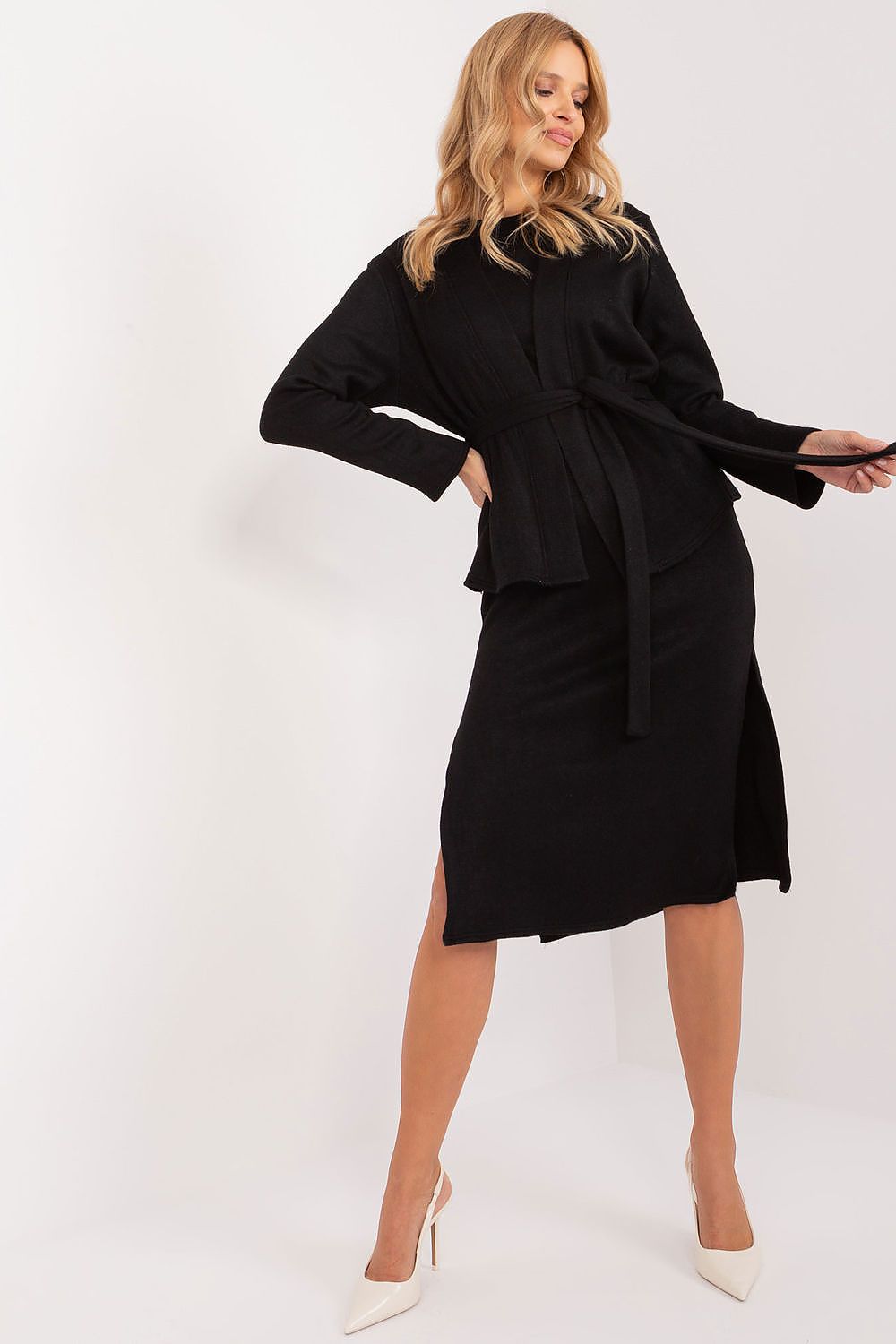 Elegant Lakerta Set: Angora Cardigan and Sleeveless Knee-Length Dress for Stylish Comfort