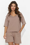 Numinou Women's Set: Elegant Heart Neckline Blouse & Loose Shorts, Perfect for Casual & Sporty Style