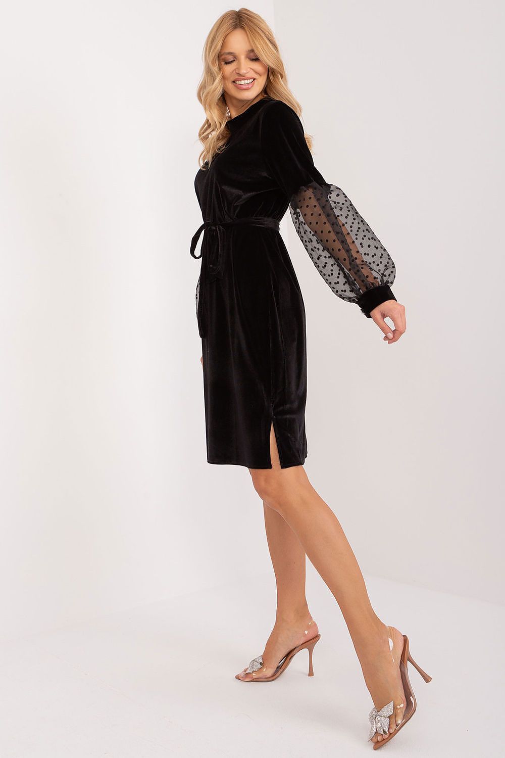 Elegant Knee-Length Evening Dress by Lakerta with Long Transparent Sleeves and Waist Tie Belt
