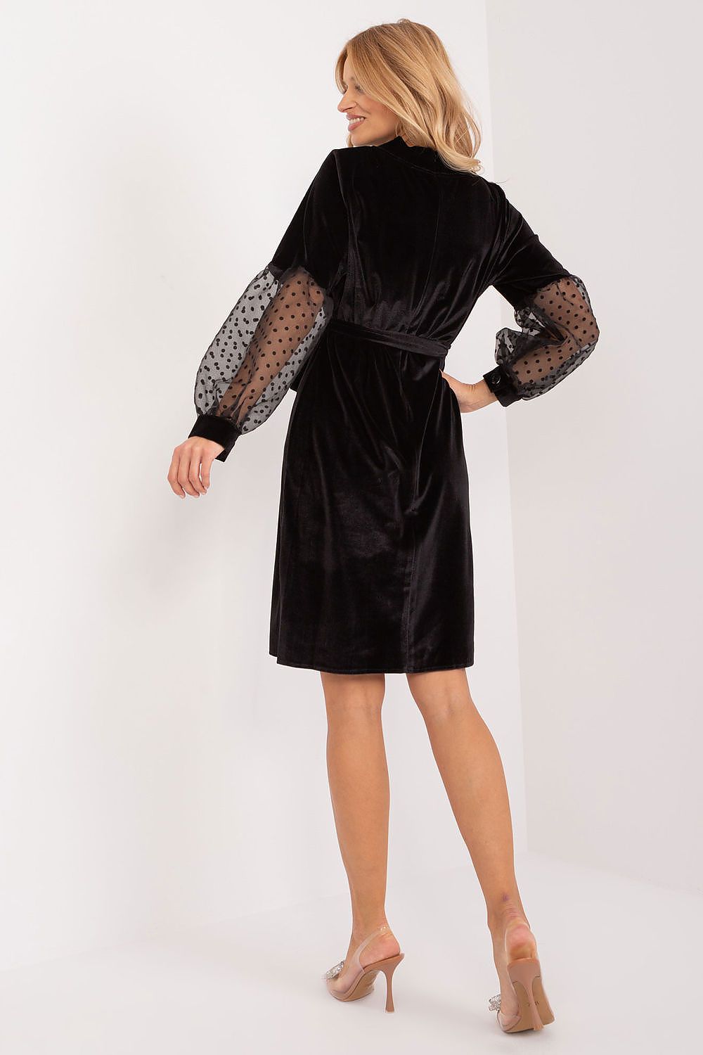 Elegant Knee-Length Evening Dress by Lakerta with Long Transparent Sleeves and Waist Tie Belt