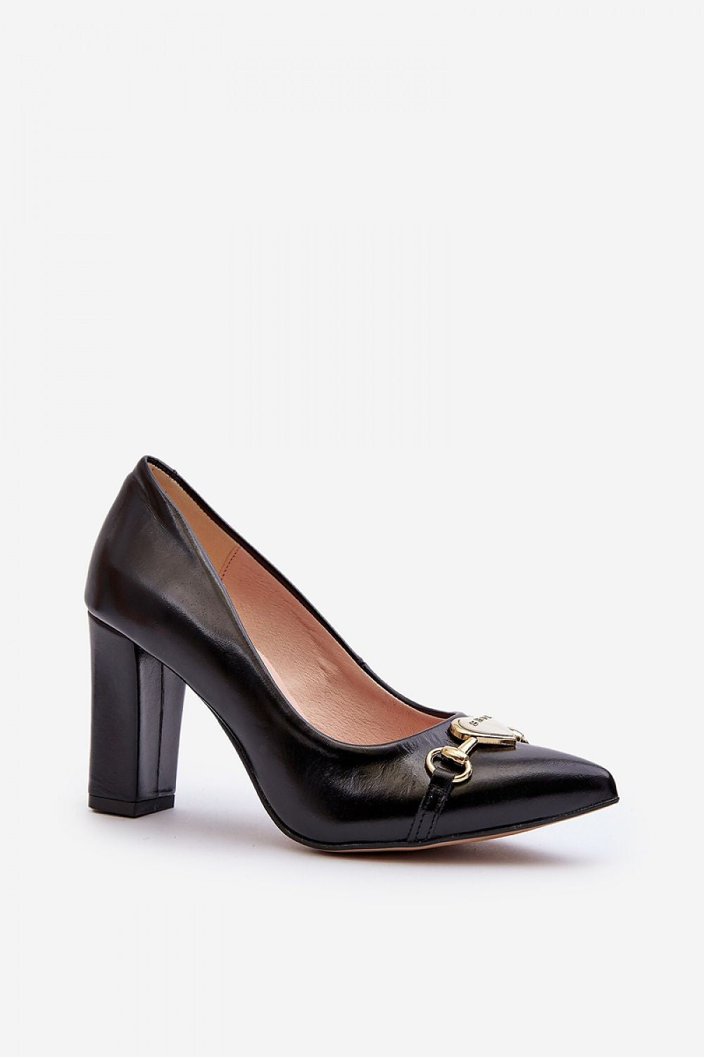 Elegant Natural Leather Block Heel Pumps with Heart-Shaped Ornament – Step in Style