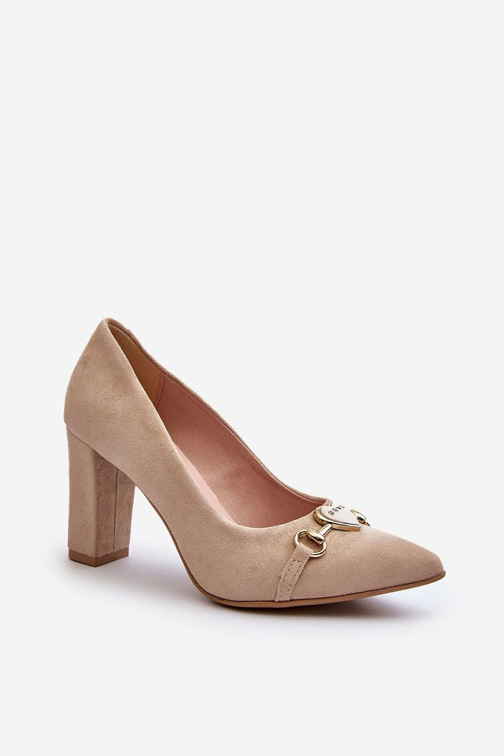 Elegant Natural Leather Block Heel Pumps with Heart-Shaped Ornament – Step in Style