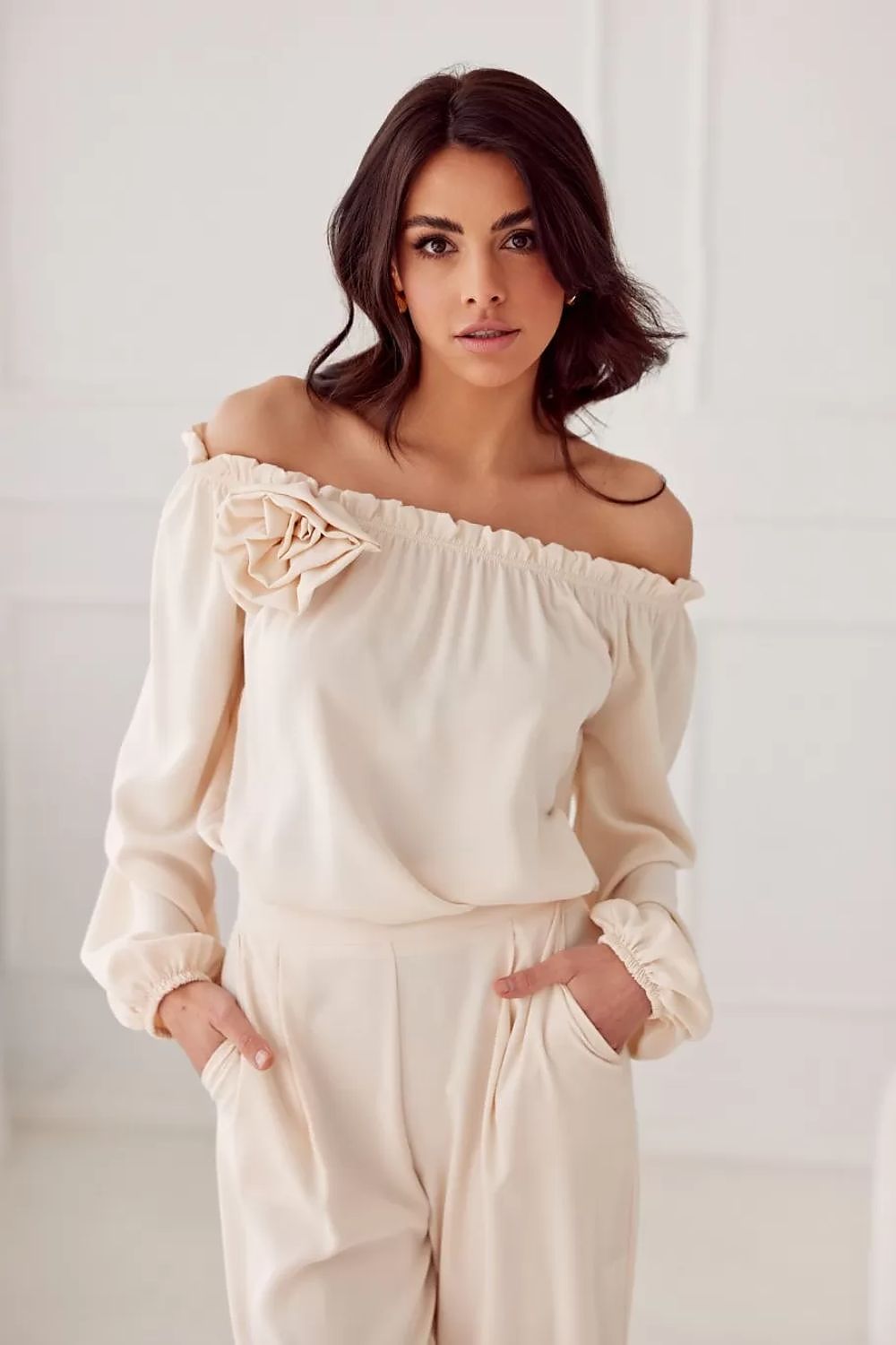 Elegant rosie satin blouse with spanish-style neckline an...