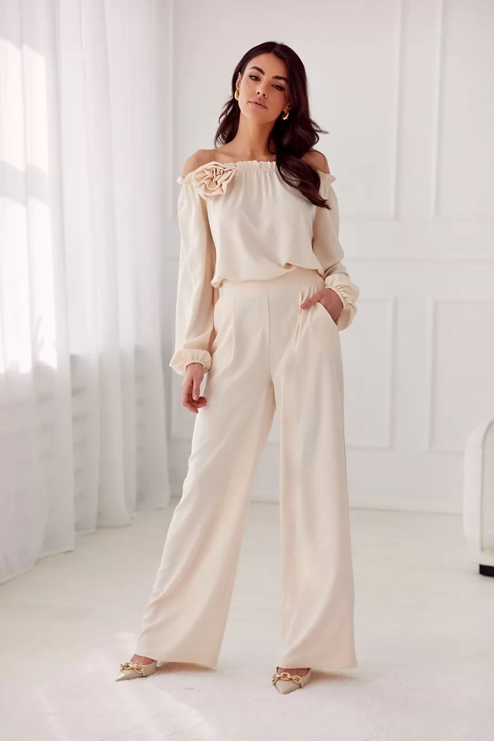 Elegant rosie satin blouse with spanish-style neckline an...