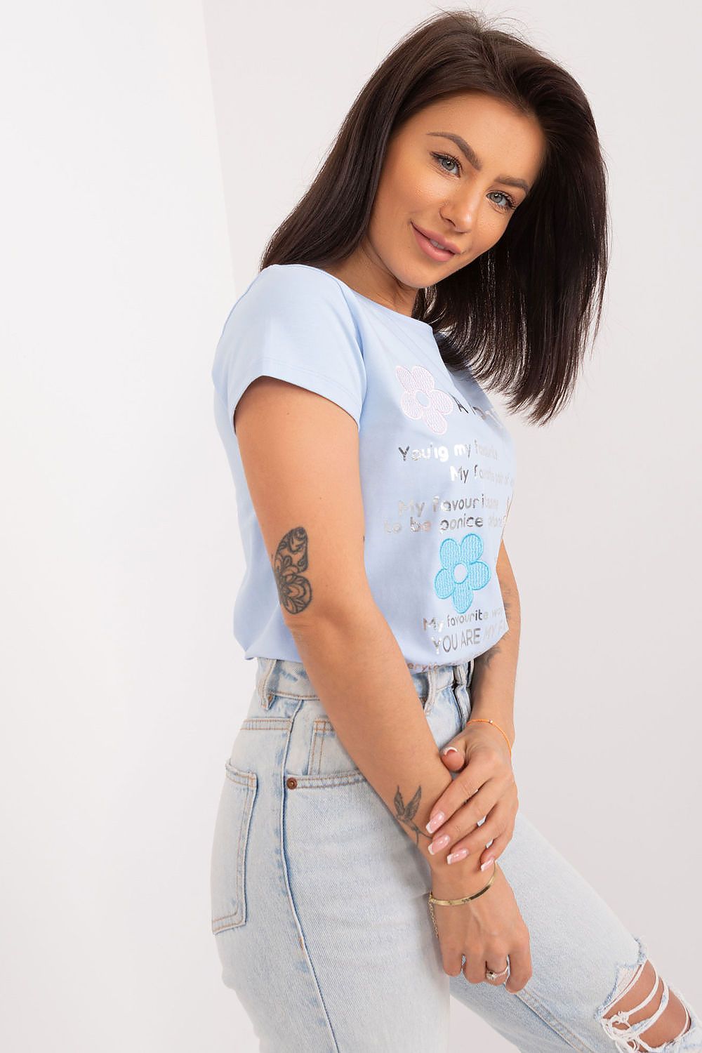 BFG Elegant Casual Summer Blouse with Decorative Lettering and Embroidered Flowers