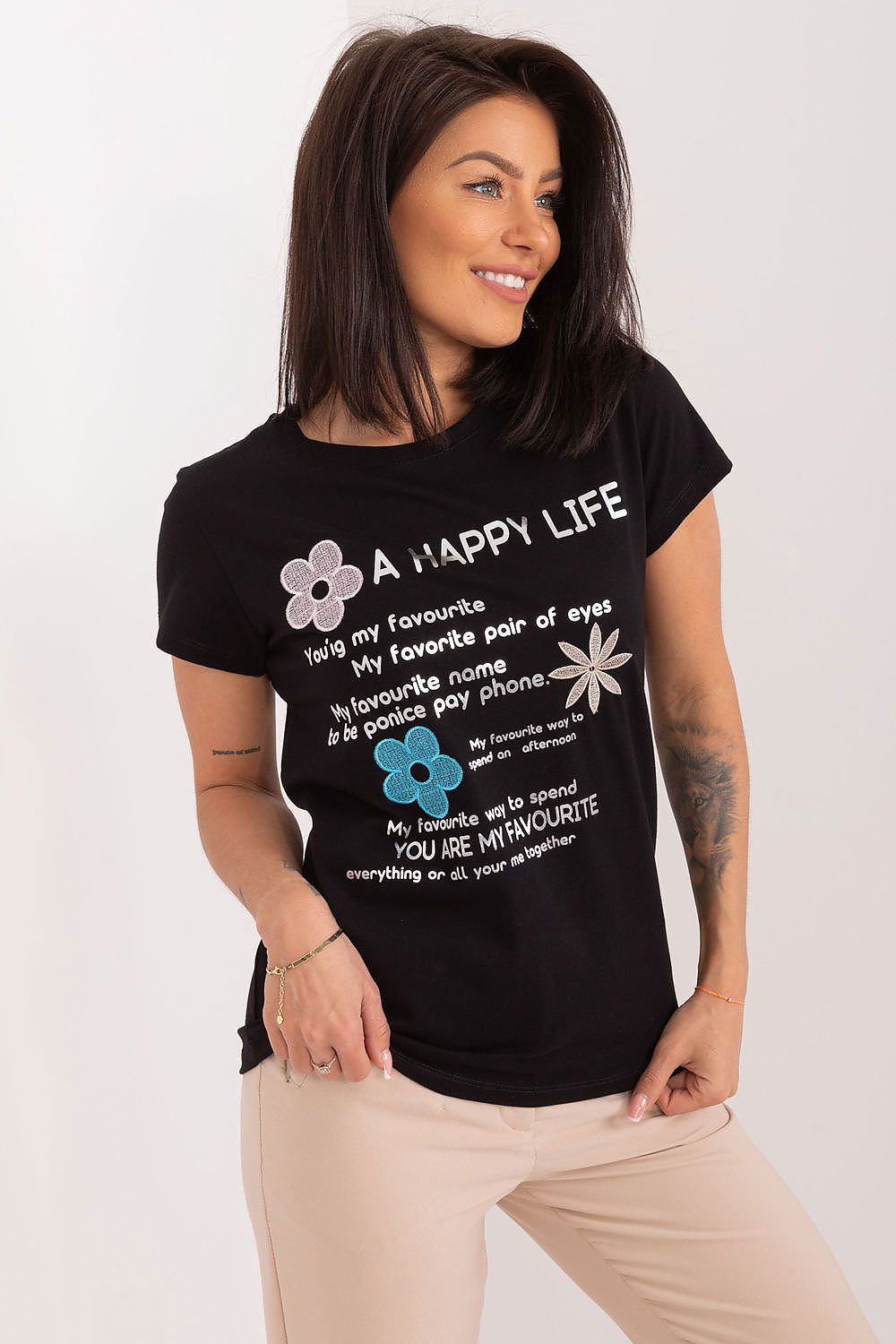 BFG Elegant Casual Summer Blouse with Decorative Lettering and Embroidered Flowers