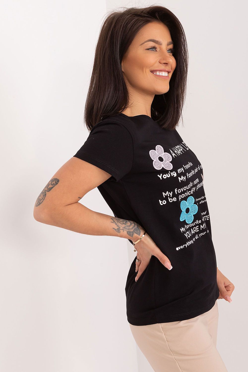 BFG Elegant Casual Summer Blouse with Decorative Lettering and Embroidered Flowers