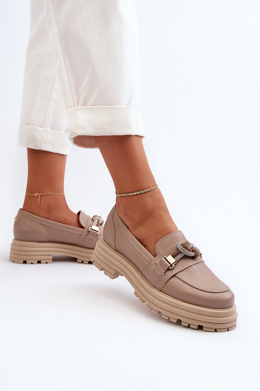 Luxury Natural Leather Moccasin Slippers with Shiny Loop – Comfort with Style