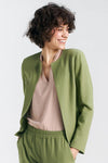 Elegant Pistachio Green Boxy Jacket with Shoulder Pads | High-Quality Viscose, Linen, Cotton Blend