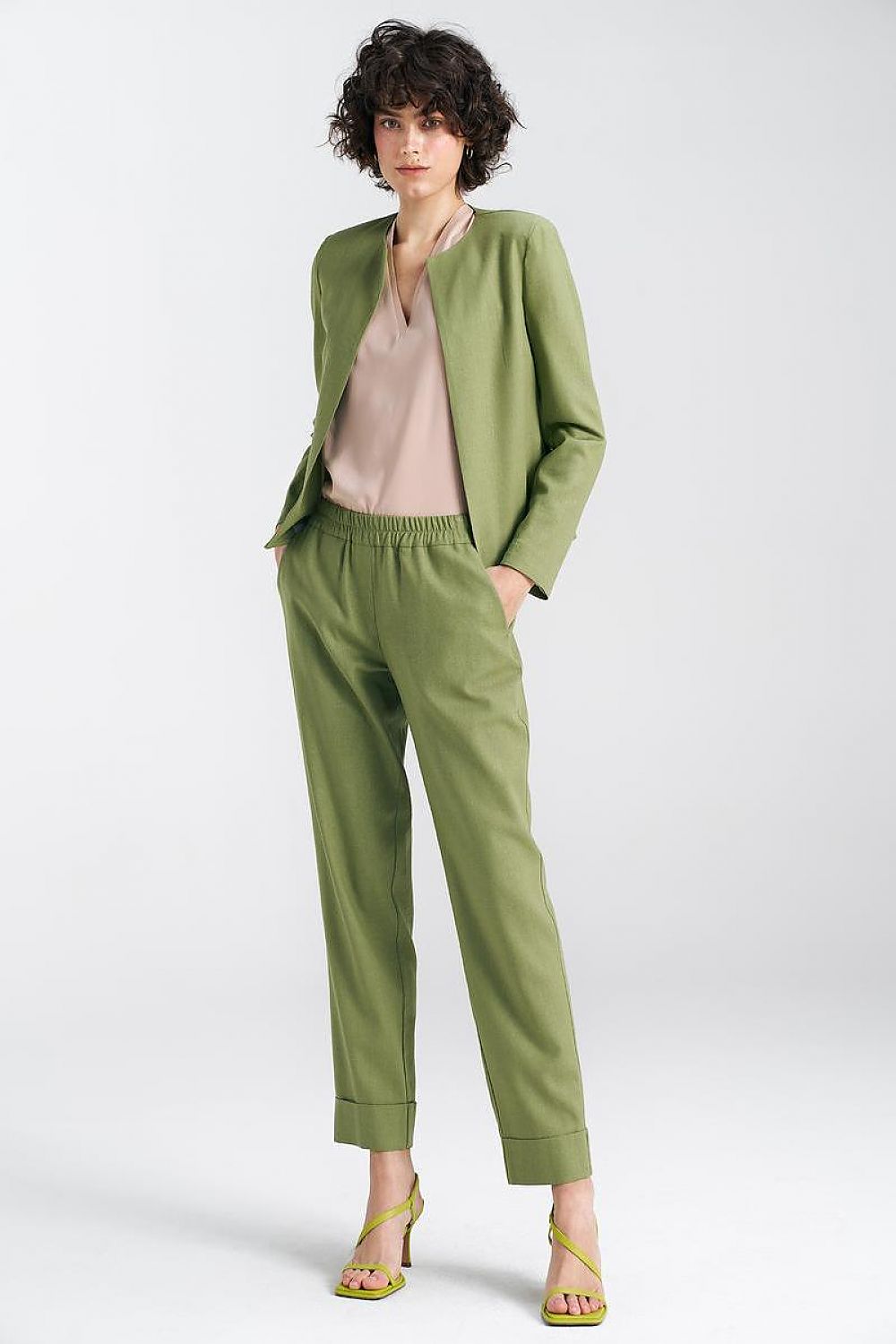 Elegant Pistachio Green Boxy Jacket with Shoulder Pads | High-Quality Viscose, Linen, Cotton Blend