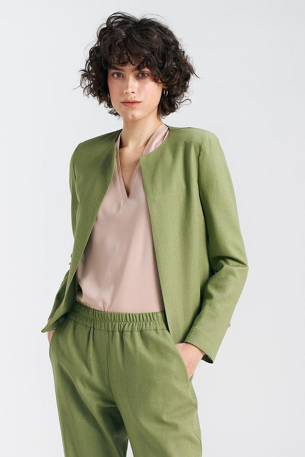Elegant Pistachio Green Boxy Jacket with Shoulder Pads | High-Quality Viscose, Linen, Cotton Blend