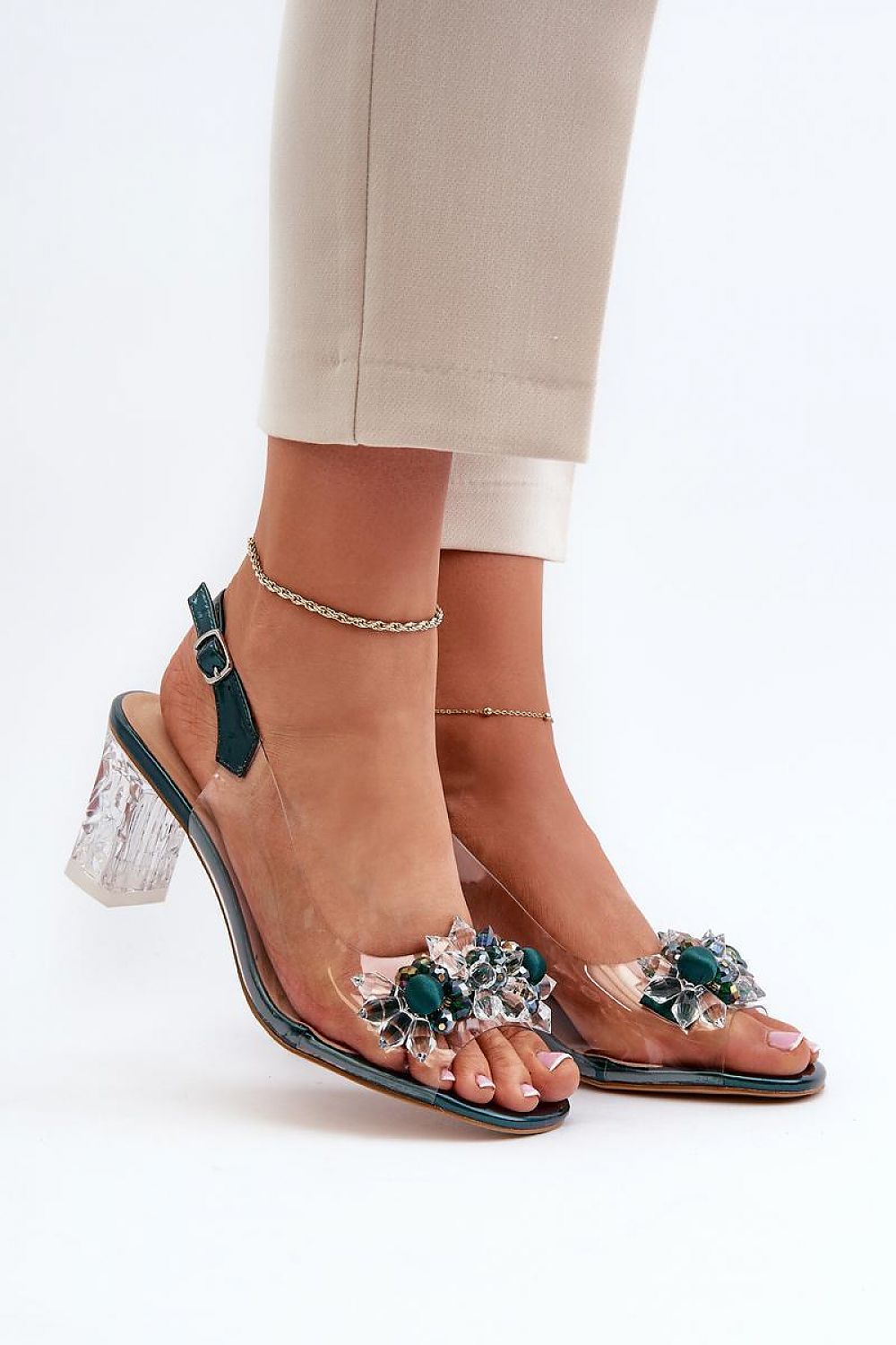 Elegant Post Heel Sandals with Adjustable Buckle - Natural Leather Footbed, 7cm Heel Height