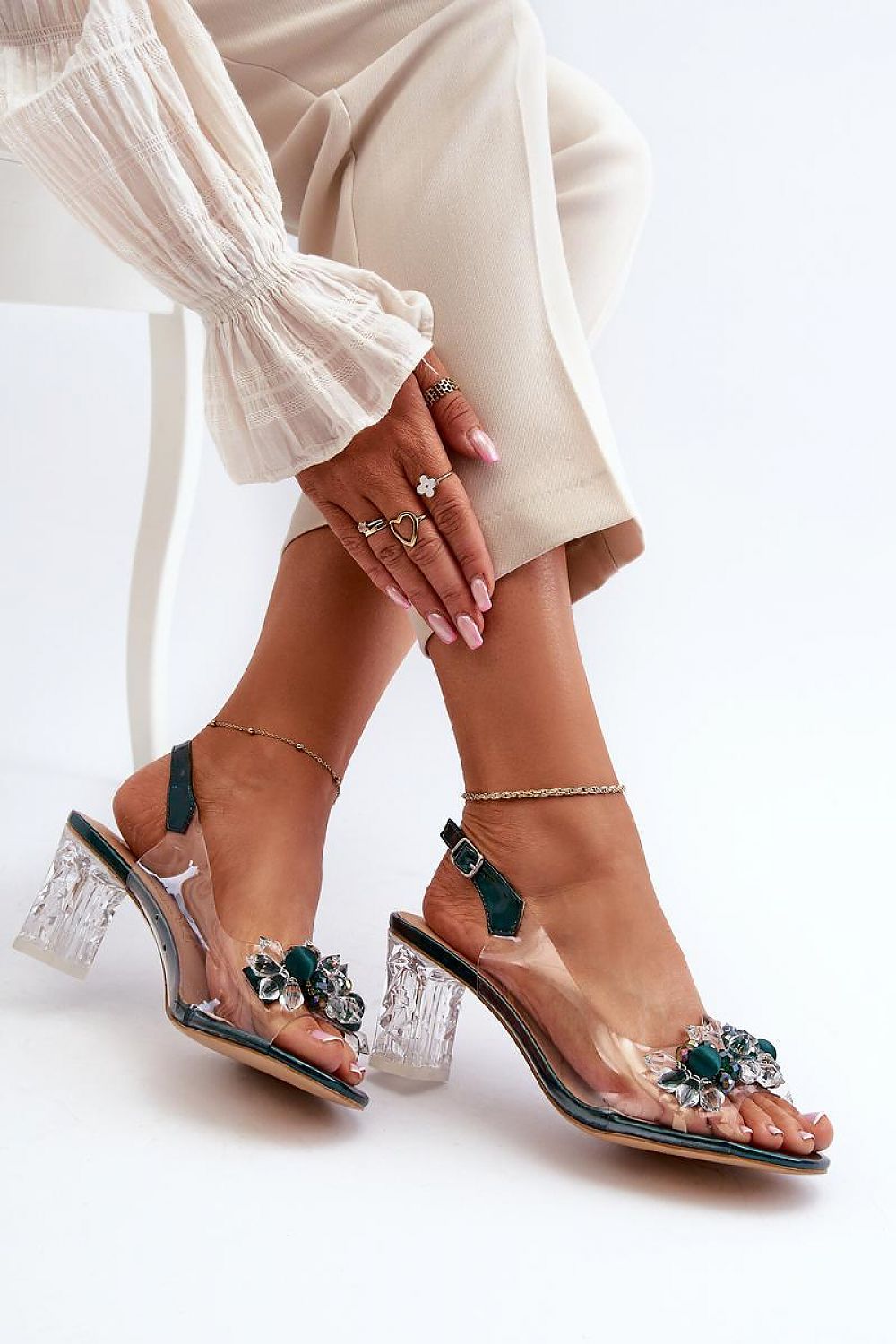 Elegant Post Heel Sandals with Adjustable Buckle - Natural Leather Footbed, 7cm Heel Height