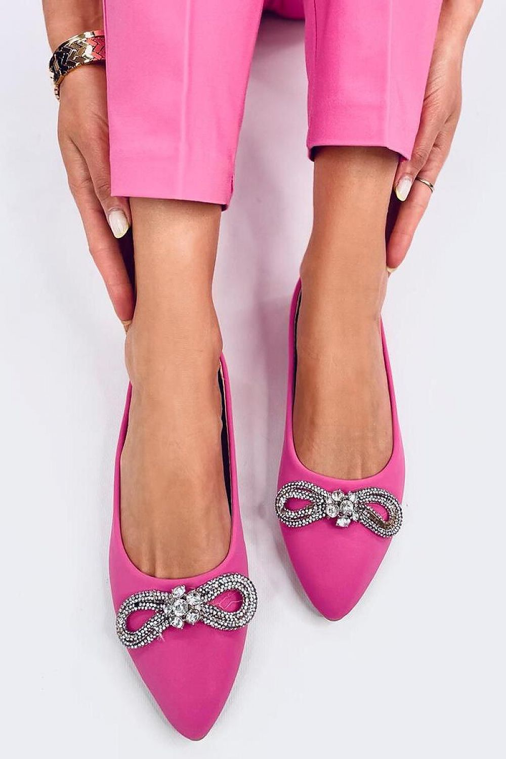 Elegant Inello Ballerina Flats with Sparkling Zircon Bow - Comfortable Ecological Leather
