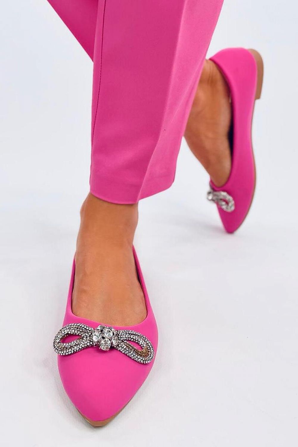 Elegant Inello Ballerina Flats with Sparkling Zircon Bow - Comfortable Ecological Leather