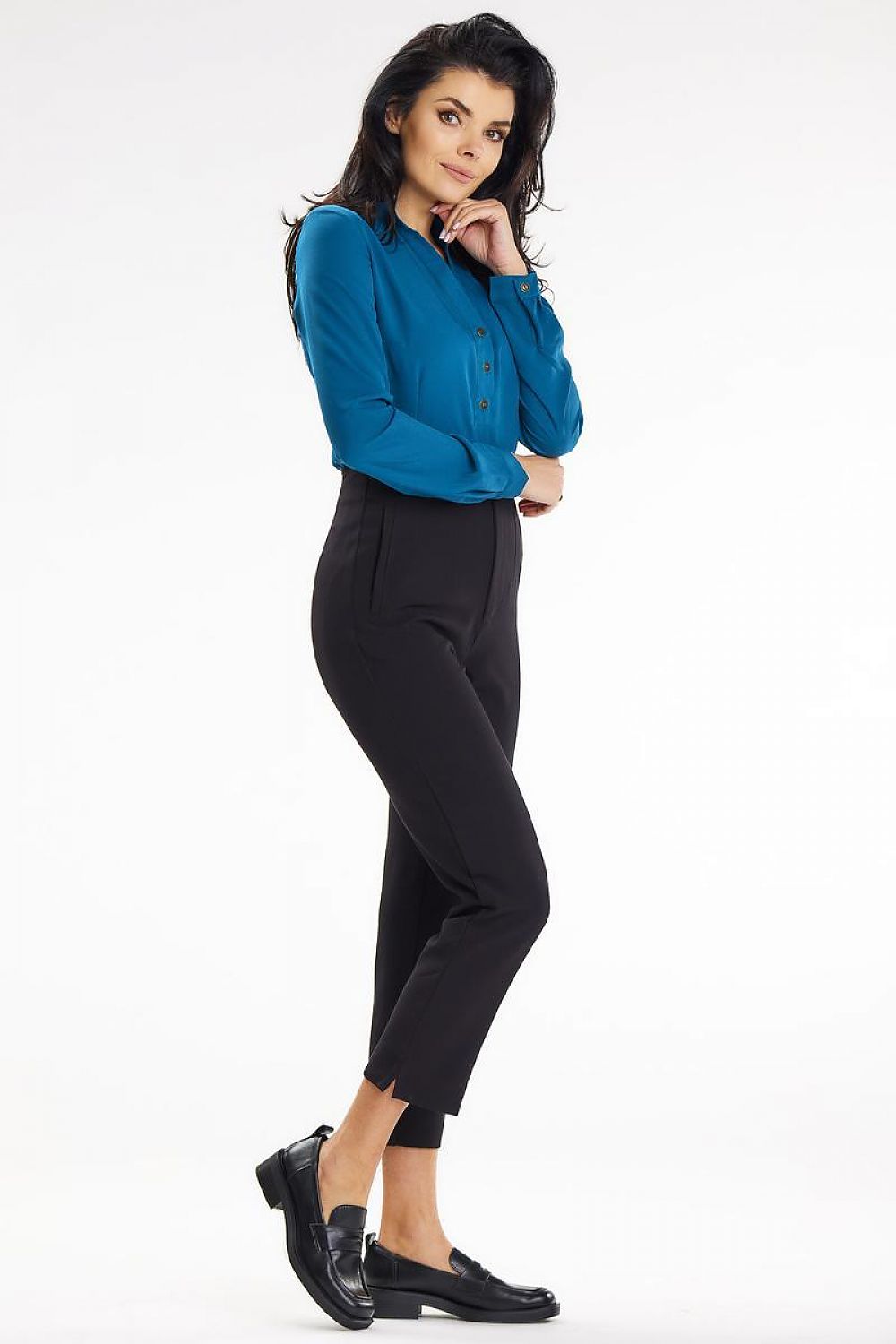 Elegant Stand-Up Blouse With Heart Neckline And Buttoned Cuff Sleeves