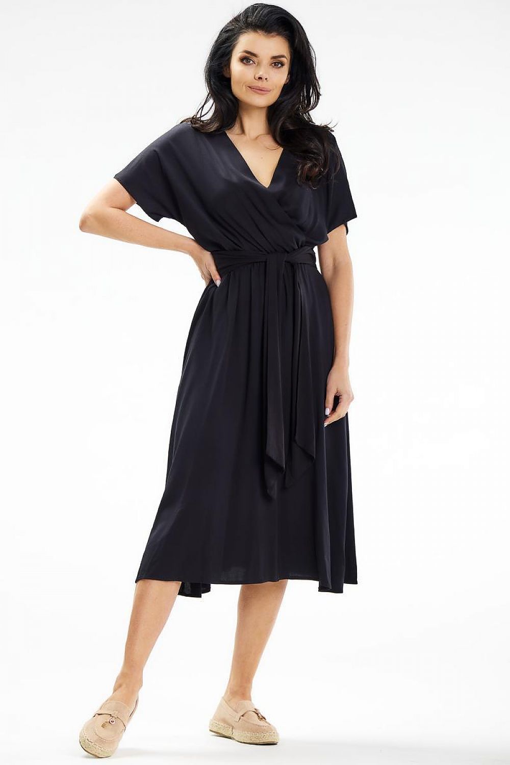 Flared Midi Dress with Envelope Top & Kimono Sleeves by Awama – Elegant Wrap Style