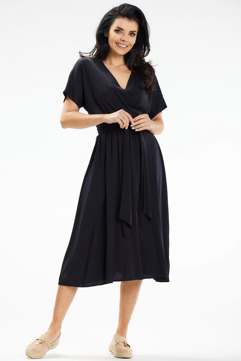 Flared Midi Dress with Envelope Top & Kimono Sleeves by Awama – Elegant Wrap Style