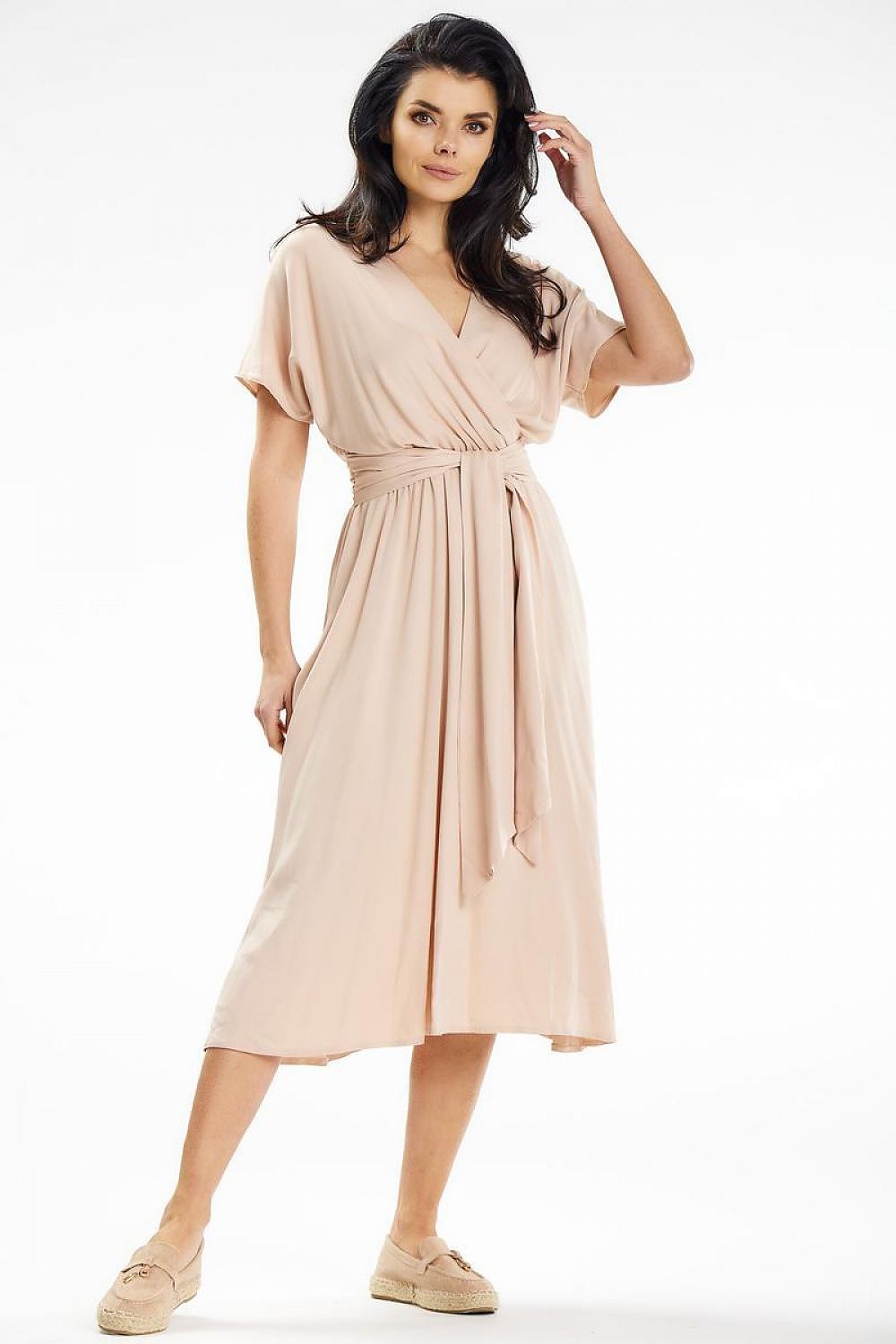 Flared Midi Dress with Envelope Top & Kimono Sleeves by Awama – Elegant Wrap Style