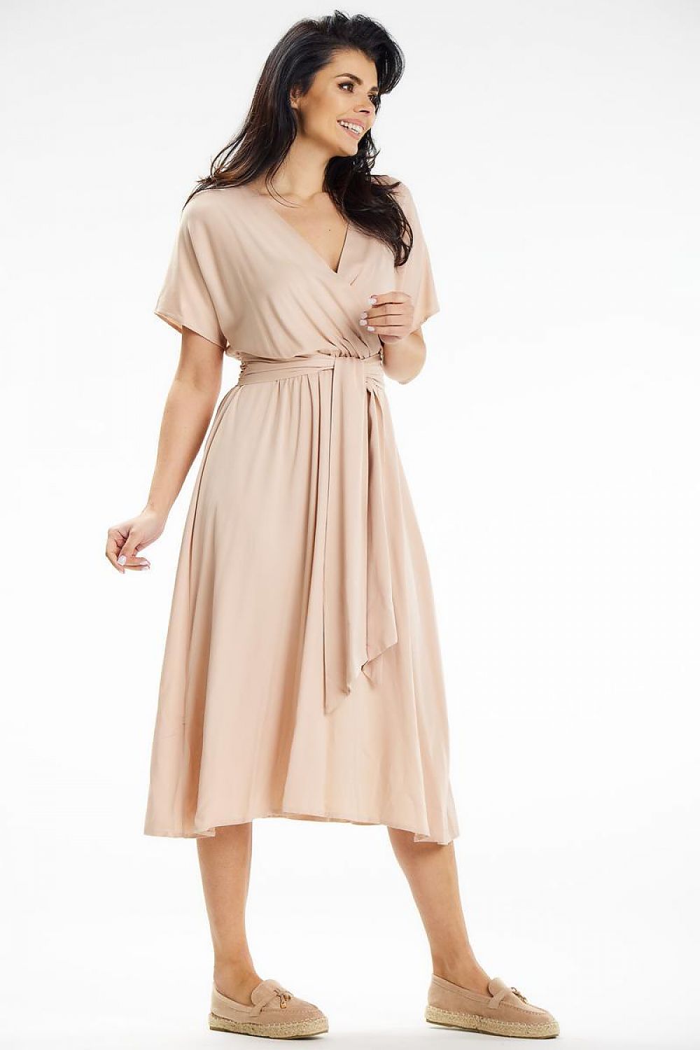 Flared Midi Dress with Envelope Top & Kimono Sleeves by Awama – Elegant Wrap Style