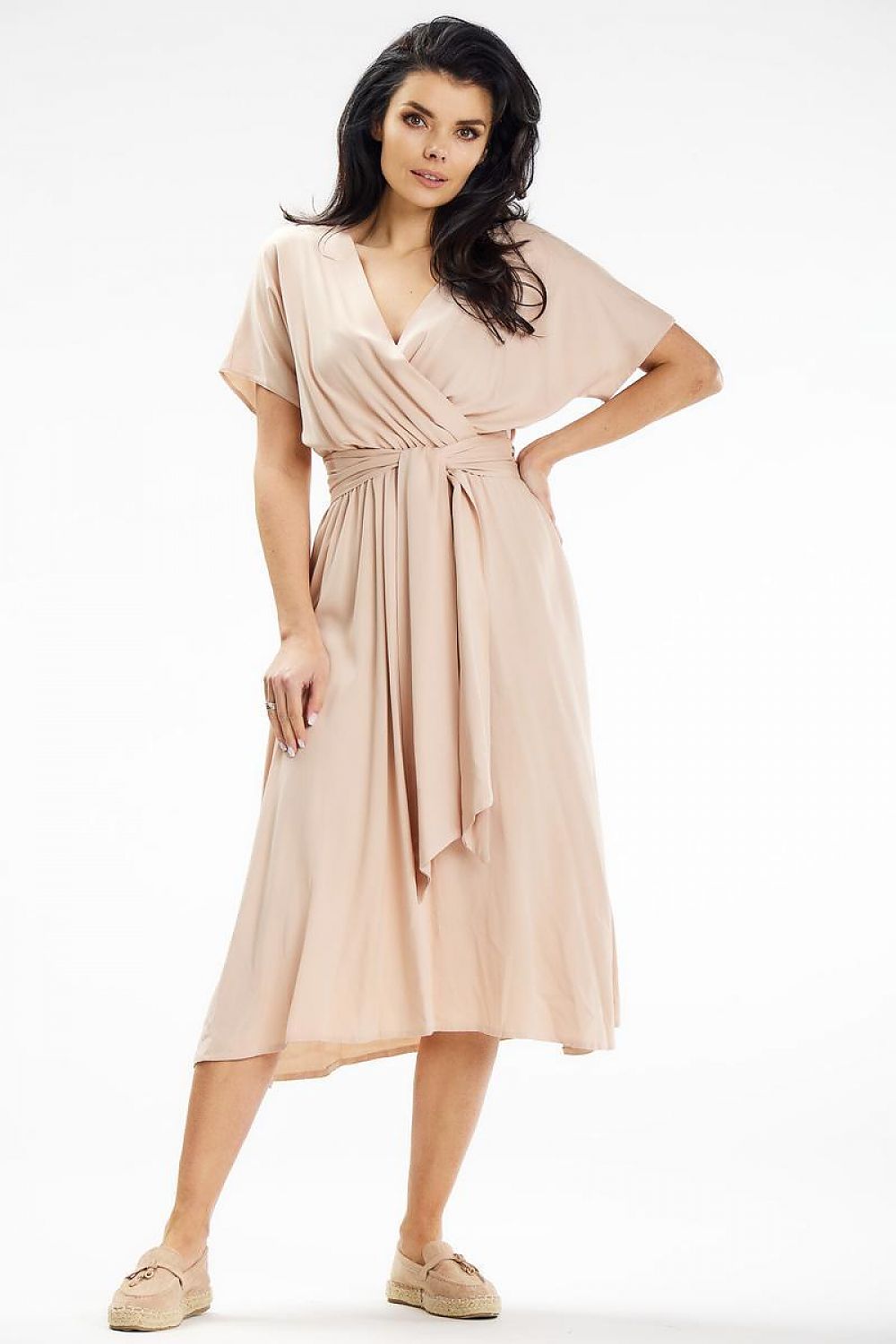 Flared Midi Dress with Envelope Top & Kimono Sleeves by Awama – Elegant Wrap Style