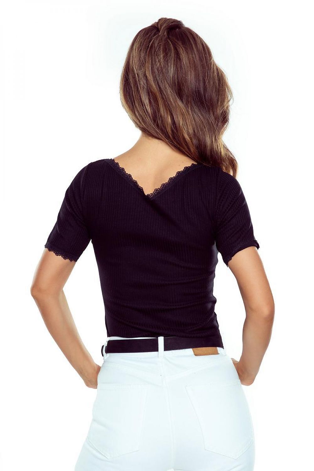Fitted Eldar Blouse with V-Neck and Lace Sleeves - High-Quality Knit Fabric in Stripes