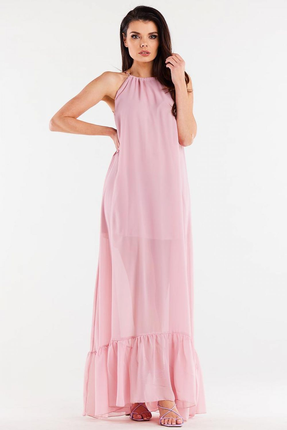 Elegant Long Chiffon Daydress with Ruffle Hem and Adjustable Straps by Awama