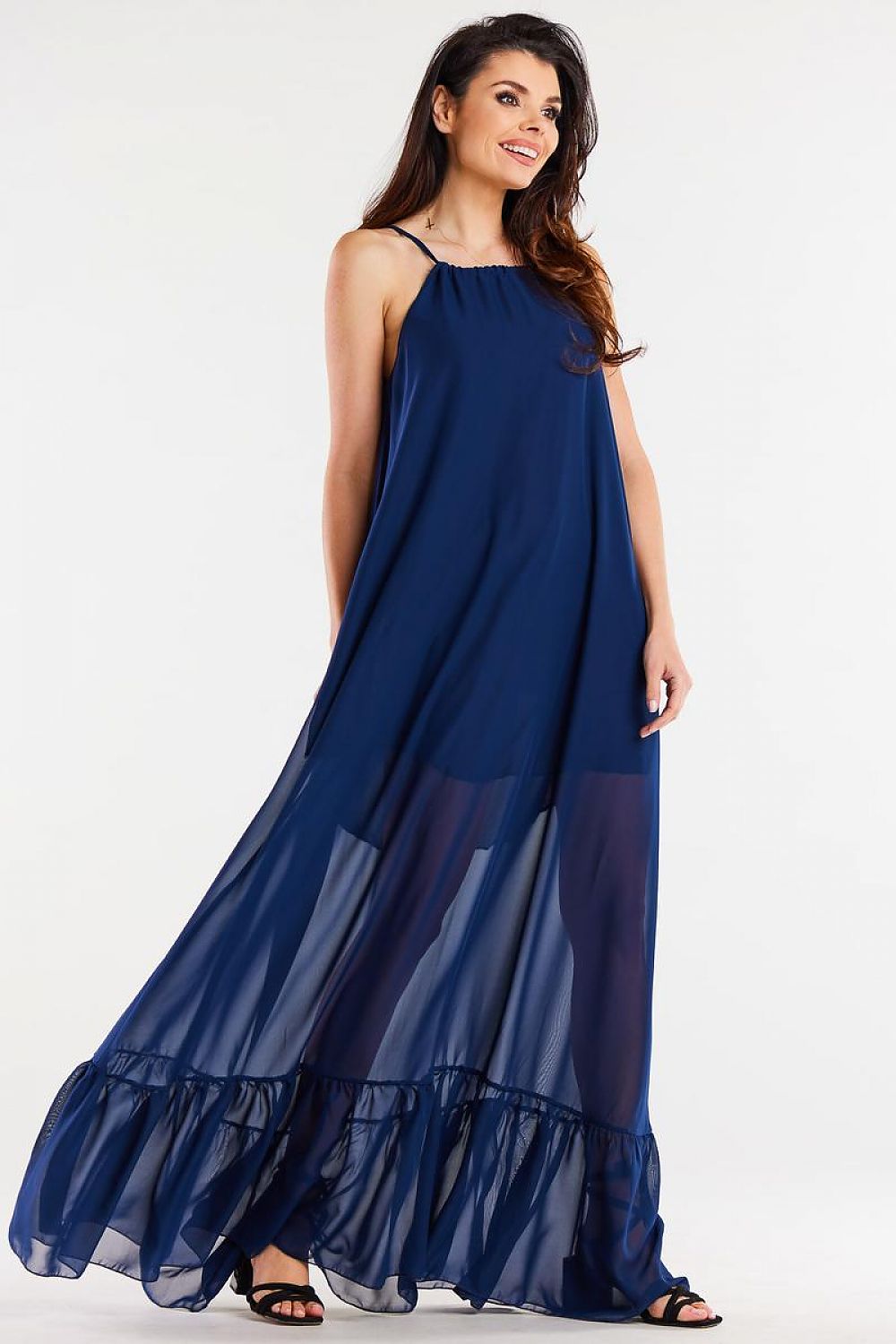 Elegant Long Chiffon Daydress with Ruffle Hem and Adjustable Straps by Awama