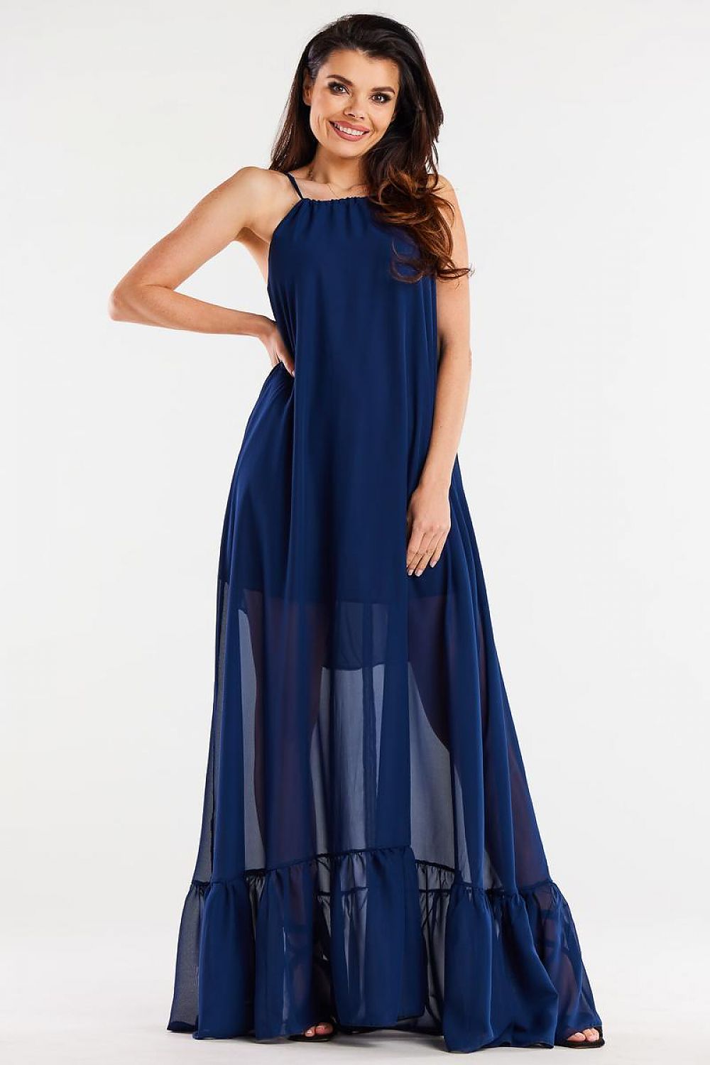 Elegant Long Chiffon Daydress with Ruffle Hem and Adjustable Straps by Awama