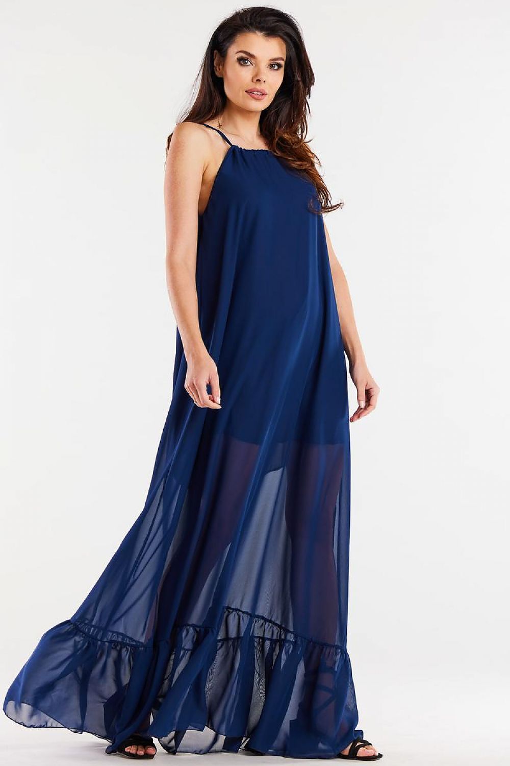 Elegant Long Chiffon Daydress with Ruffle Hem and Adjustable Straps by Awama
