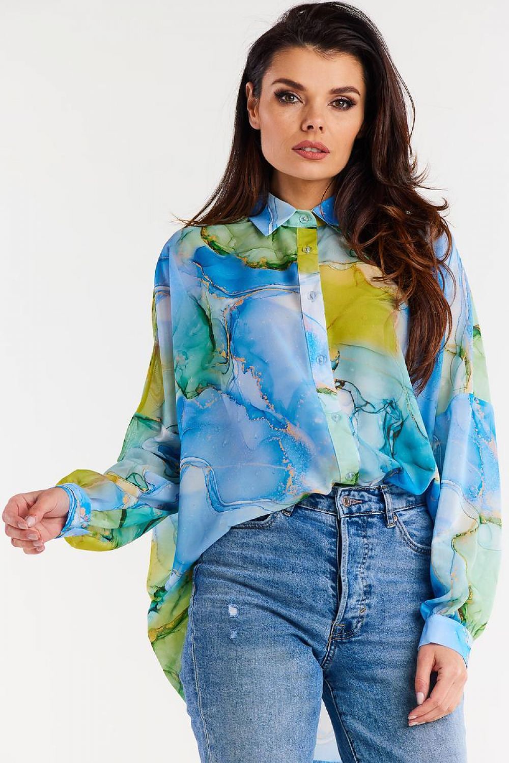 Oversized Chiffon Long Sleeve Shirt with Ruffled Cuffs by Awama - Elegant Style