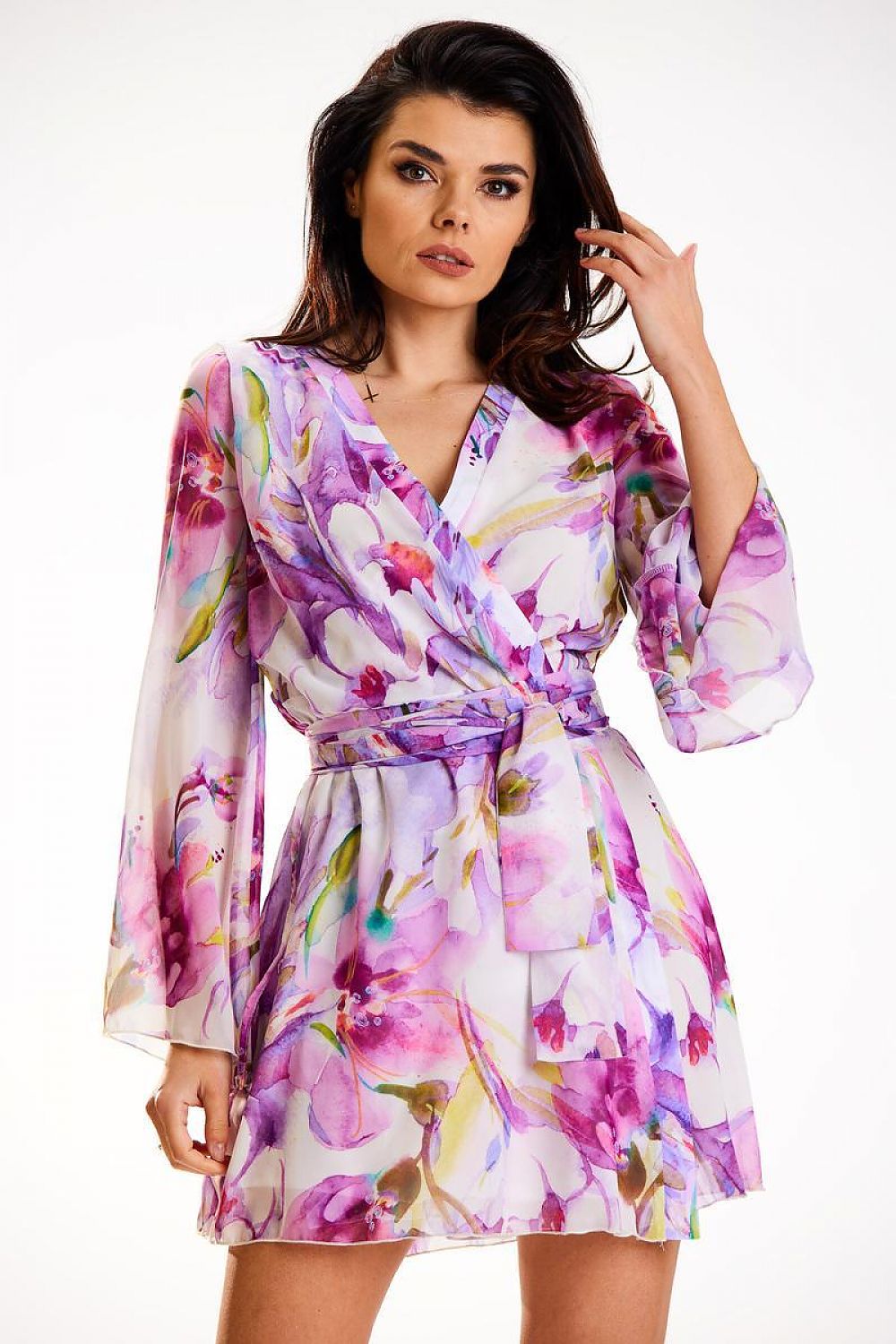 Elegant Kimono Dress in Chiffon with Pleated Neckline and Adjustable Waist Belt by Awama