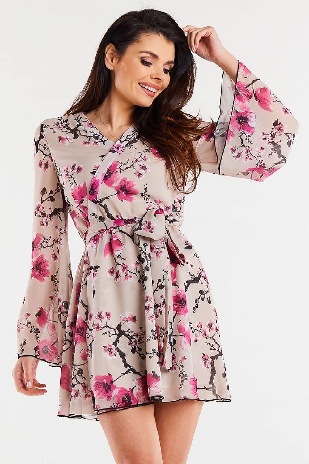 Elegant Kimono Dress in Chiffon with Pleated Neckline and Adjustable Waist Belt by Awama