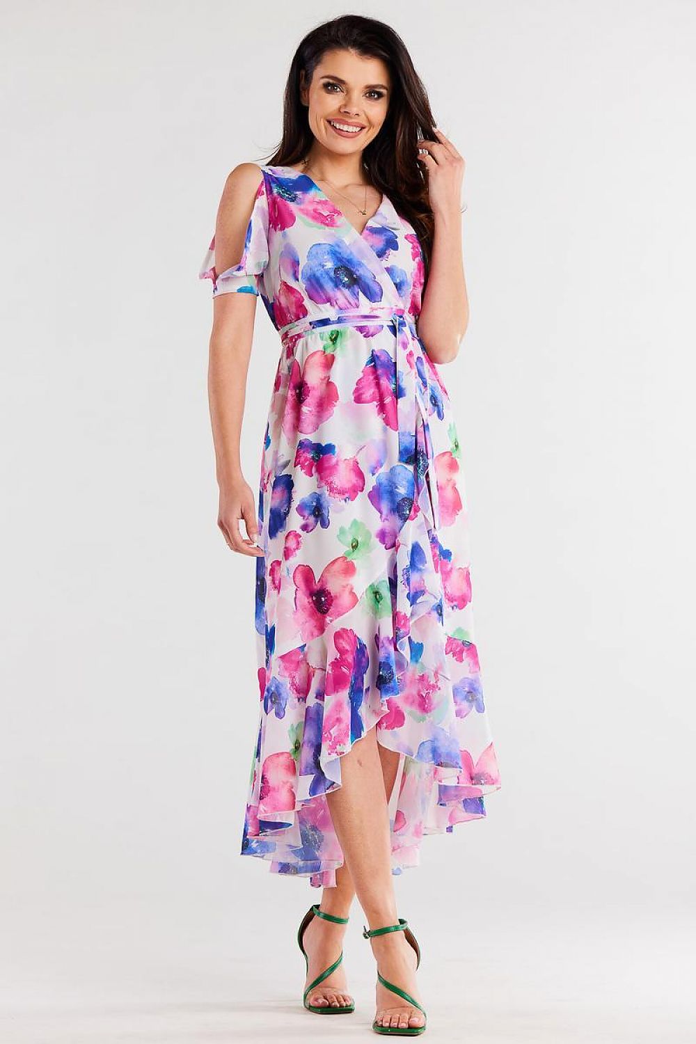 Chic Asymmetrical Chiffon Dress With Ruffle Hem And Split Sleeves By Awama - Adjustable Belted Design