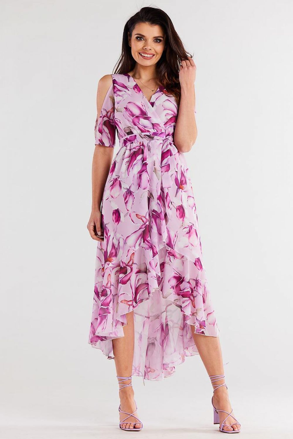 Chic Asymmetrical Chiffon Dress With Ruffle Hem And Split Sleeves By Awama - Adjustable Belted Design