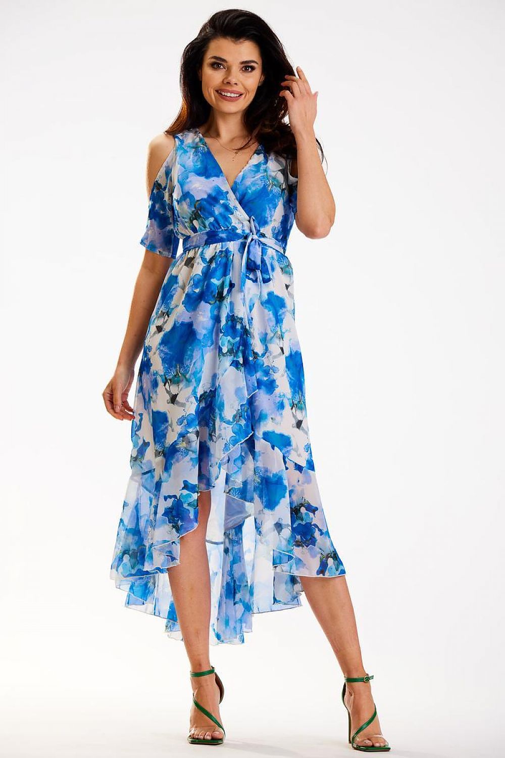Chic Asymmetrical Chiffon Dress With Ruffle Hem And Split Sleeves By Awama - Adjustable Belted Design