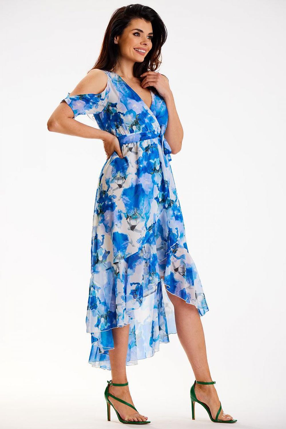 Chic Asymmetrical Chiffon Dress With Ruffle Hem And Split Sleeves By Awama - Adjustable Belted Design