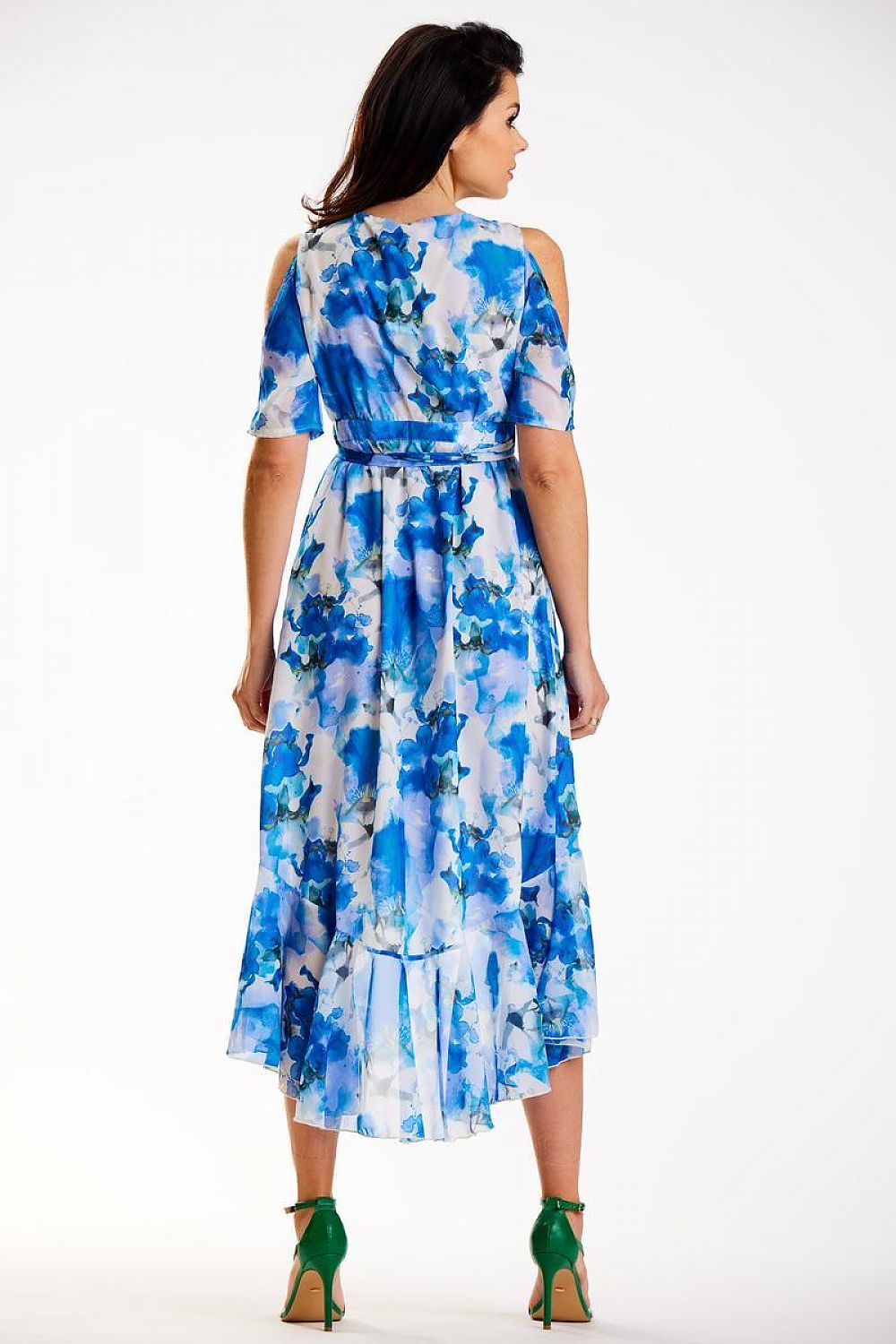 Chic Asymmetrical Chiffon Dress With Ruffle Hem And Split Sleeves By Awama - Adjustable Belted Design