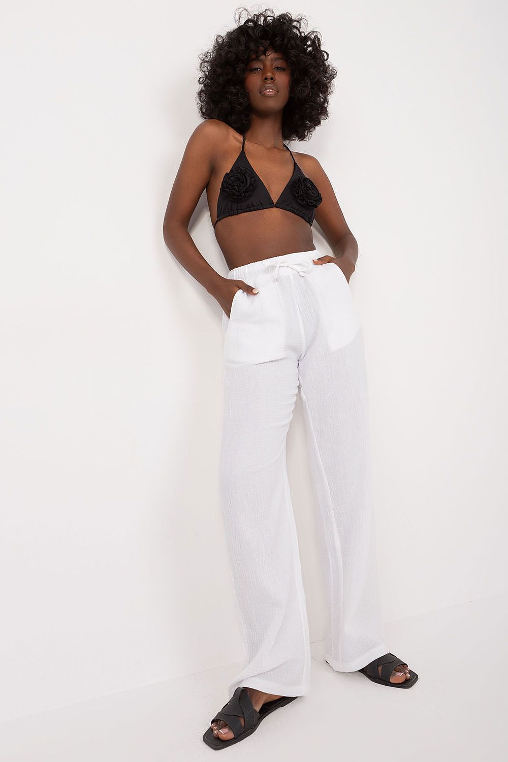 Luxury Women's High Waist Cotton Trousers with Tie Strings and Pockets by Sublevel