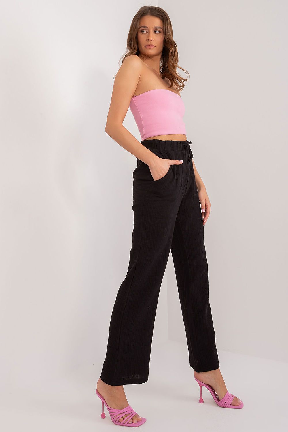 Luxury Women's High Waist Cotton Trousers with Tie Strings and Pockets by Sublevel